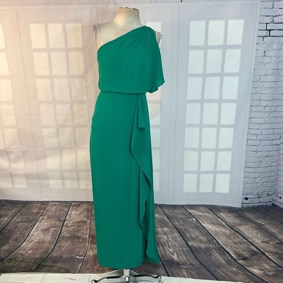 BCBGMaxazria Kendal One Shoulder Ruffle Side Slit Evening Gown Green Size 0 - Picture 3 of 11